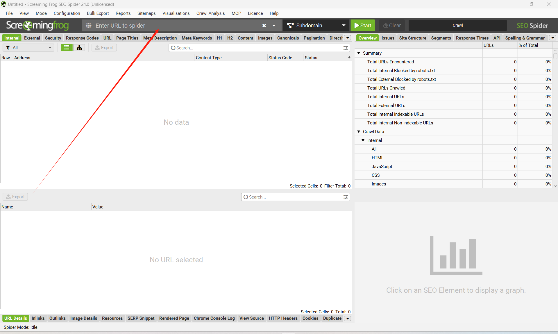 Screaming Frog interface showing where to enter your website URL in the crawl bar